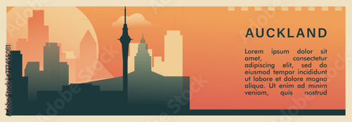 Auckland city brutalism vector banner with skyline, cityscape. New Zealand town retro horizontal illustration, travel layout for web presentation, header, footer