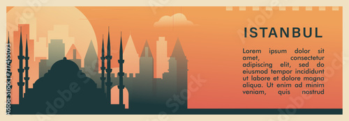Istanbul city brutalism vector banner with skyline, cityscape. Turkey megapolis town retro horizontal illustration, travel layout for web presentation, header, footer