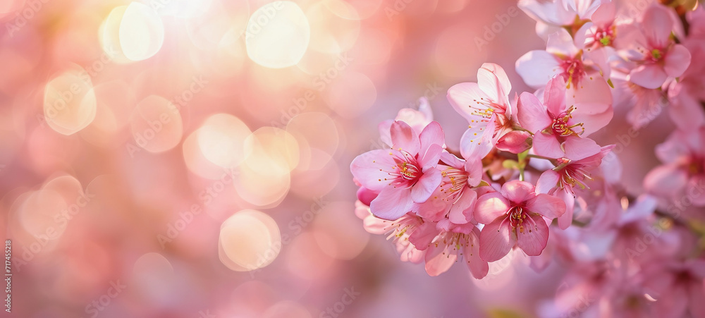 Cherry blossom blurred background with copy space. Spring banner