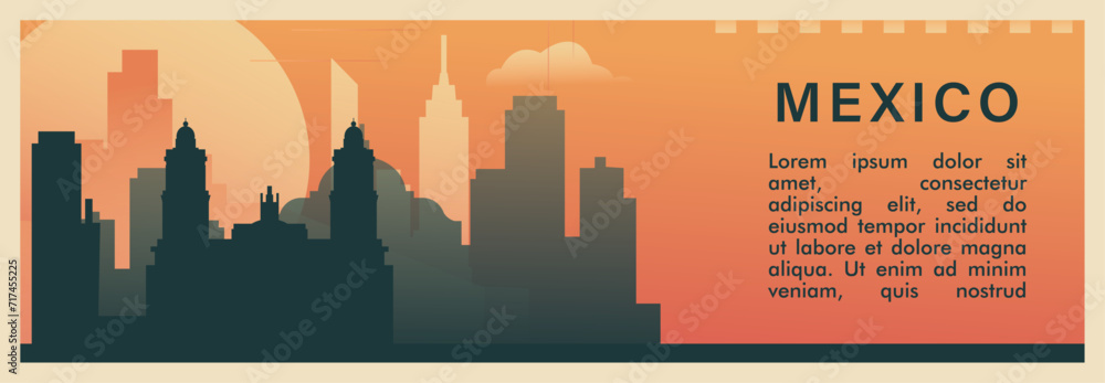 Mexico city brutalism vector banner with skyline, cityscape. Mexican capital retro horizontal illustration, travel layout for web presentation, header, footer