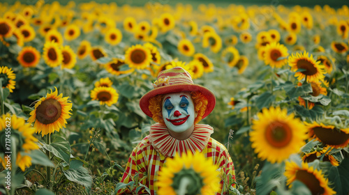 Slightly Creepy Clown Standing in Field of Sunflowers