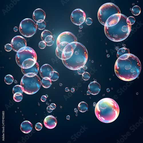 Transparent soap bubbles float in the air on a dark background and reflect the sunlight. Blue Circle Illustration and Shiny Reflection