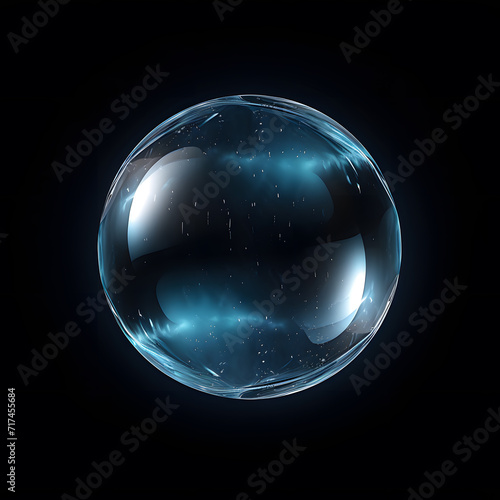 Shiny blue glass sphere with crystal ball vector on black background, Illustration of a transparent round object with a reflective surface. 3D Globe Icon for web and design.