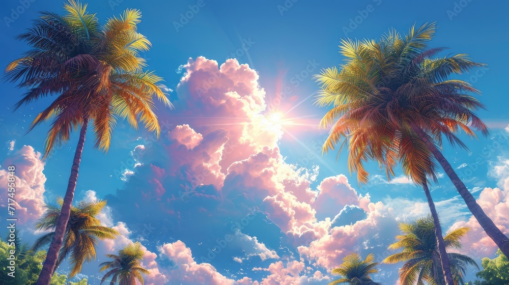 Palm Tree Blue Sky Fluffy Cloud, Background Banner HD