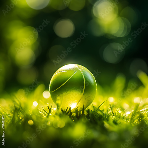 Nature's Crystal Orb: Natural green glass sphere, reflecting the beauty of the world, encapsulating elements of sky, water, sunlight, surrounded by a colorful summer landscape. Symbol of a good ecosys photo