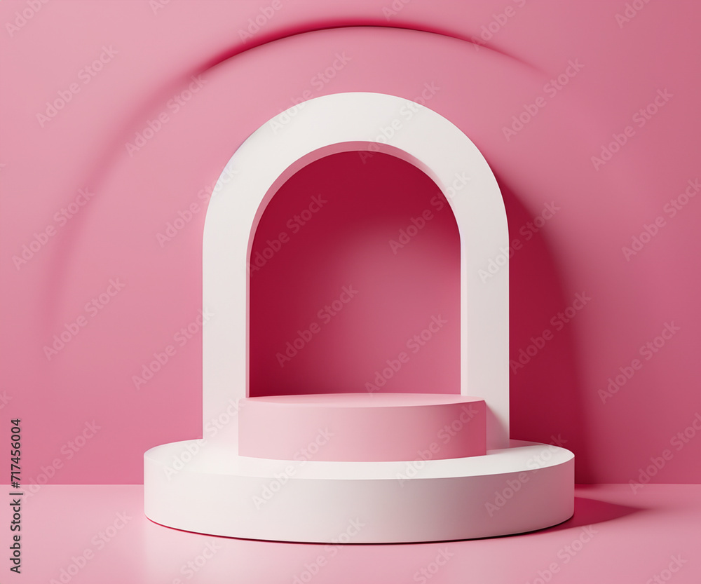 Abstract pink 3D room with realistic pink and white cylinder pedestal podium, Vertical texture in arch shape. Pastel minimal scene for mockup product display. Geometric forms design. Stage showcase. Abstract pink 3D room with realistic pink and white cylinder pedestal podium, Vertical texture in arch shape. Pastel minimal scene for mockup product display. Geometric forms design. Stage showcase.