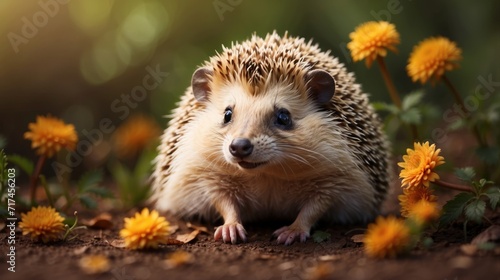 Four-toed Hedgehog in flower field, cute animal pet photo
