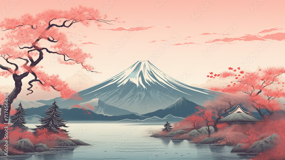 Fuji Tranquility - Capturing the Essence of Japanese Ancient Drawing Style in a Serene Landscape Featuring Mount Fuji