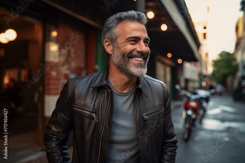 Portrait of a handsome middle-aged man in a leather jacket smiling at the camera