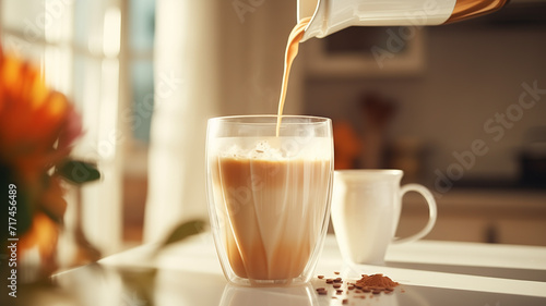 Autumn Indulgence: Pouring Milk into a Glass of Warm Coffee Infused with Pumpkin Spice