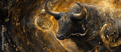 Capturing the essence of a thriving bull market in cryptocurrency  a golden bull statue is prominently placed amid scattered Bitcoin symbols.