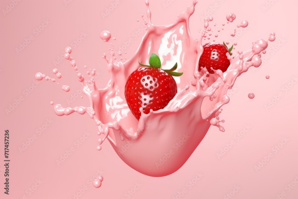 Milk and Strawberry Fusion Forming an Abstract Art, on isolated pink background, Generative AI