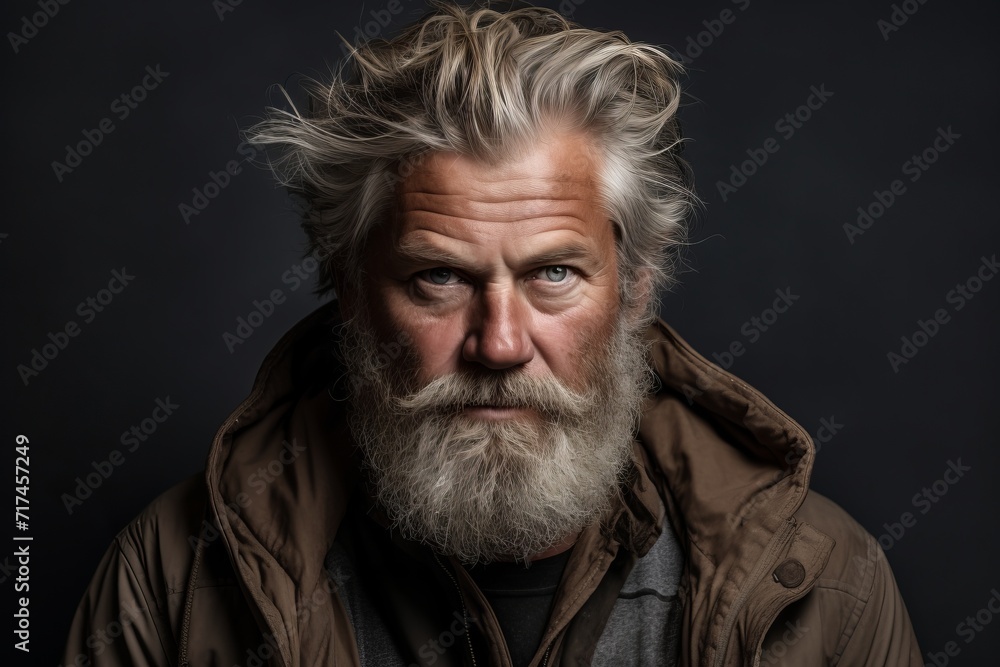 Portrait of an old man with a long gray beard and mustache in a brown jacket on a dark background Portrait of an old man with a long gray beard and mustache in a brown jacket on a dark background