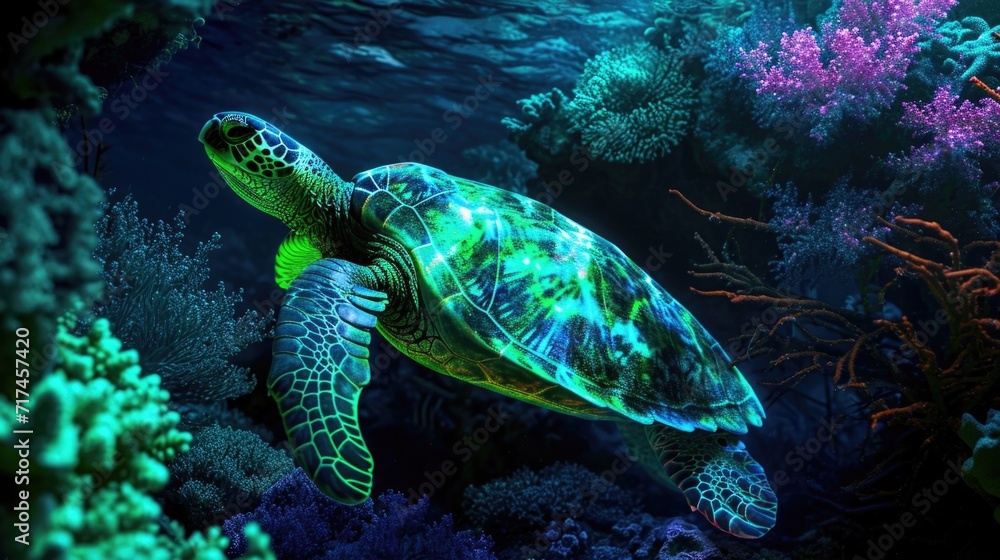 A neon green sea turtle gracefully swimming through a sea of coral its shell glowing in the neon light.