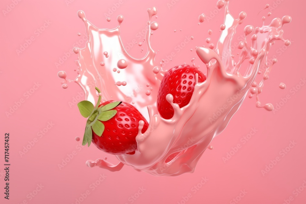 Milk and Strawberry Fusion Forming an Abstract Art, on isolated pink background, Generative AI