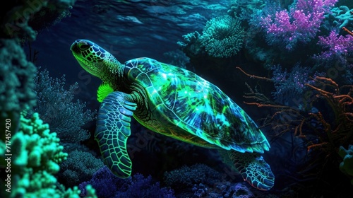 A neon green sea turtle gracefully swimming through a sea of coral its shell glowing in the neon light. © Justlight