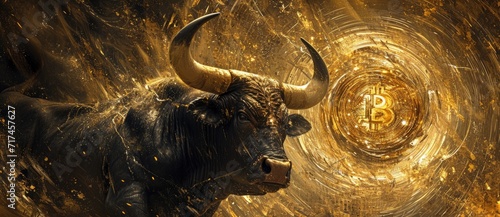 Capturing the essence of a thriving bull market in cryptocurrency, a golden bull statue is prominently placed amid scattered Bitcoin symbols. photo