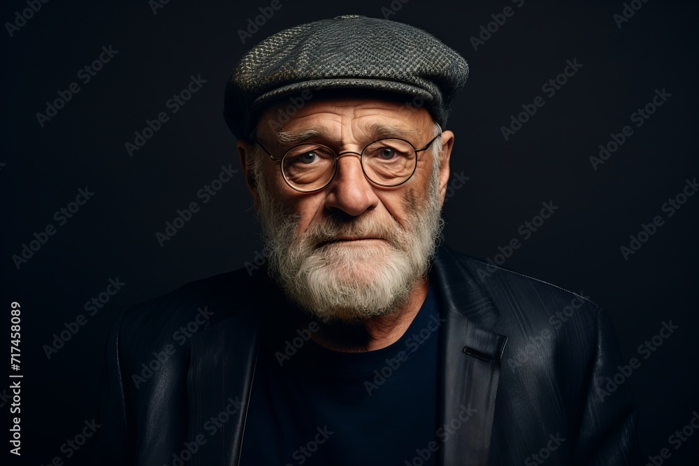 Portrait of an old man with gray beard and glasses. Studio shot.