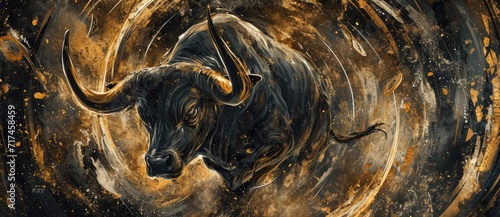 The Bull Market in Cryptocurrency symbolized by a majestic golden bull statue surrounded by scattered Bitcoin. photo