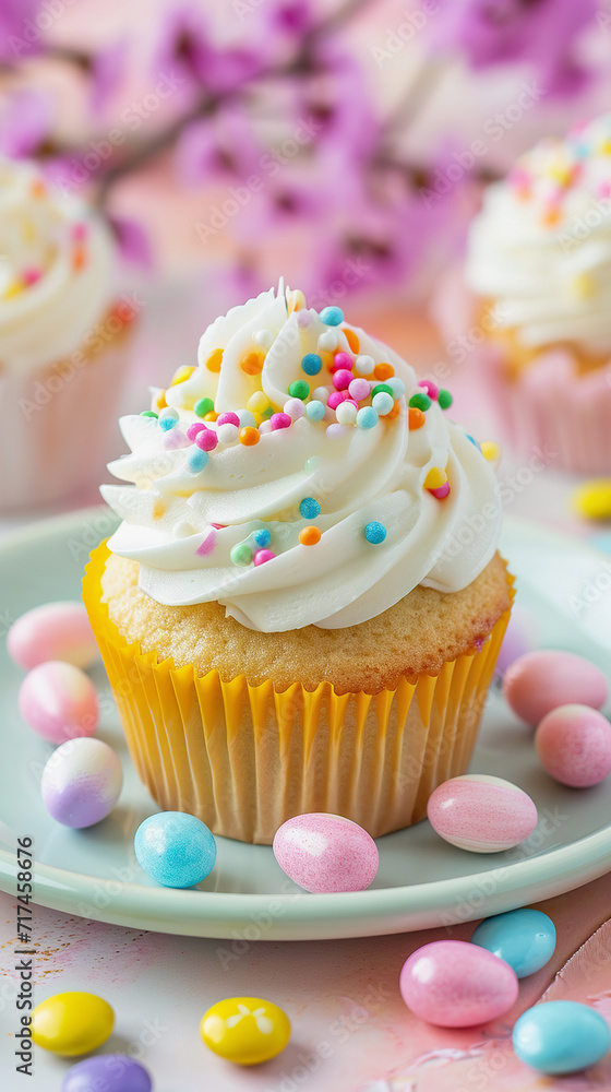 Easter Cupcake with colorful toppings. Festive dessert