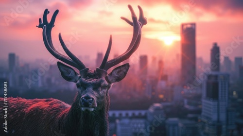 Closeup of a majestic deer with exquisite antlers captured against the backdrop of a modern city skyline glowing under a pink sunset sky. A perfect blend of natural and manmade