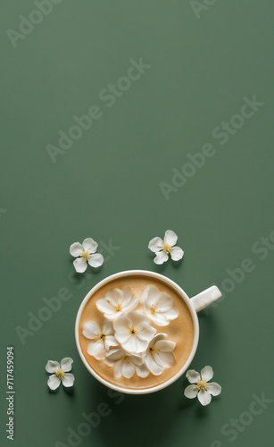 Isolated coffee cup with cappuccino decorated with flowers on the green background. Top view. Copy space. Creative concept for design. Vegan coffee concept.