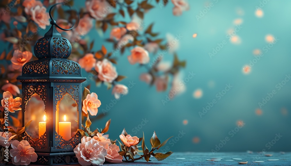 Fototapeta premium Lantern on the background of a flower tree. Ramadan Kareem.