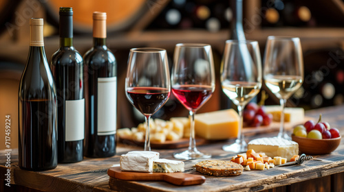A sophisticated wine tasting setup with various wine glasses  bottles  and a selection of cheese on a wooden table 