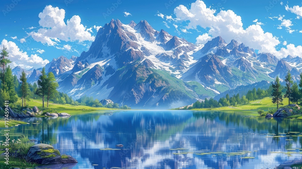Fototapeta premium Picturesque Landscape Mountain Cloudy Sky Reflecte, Background Banner HD