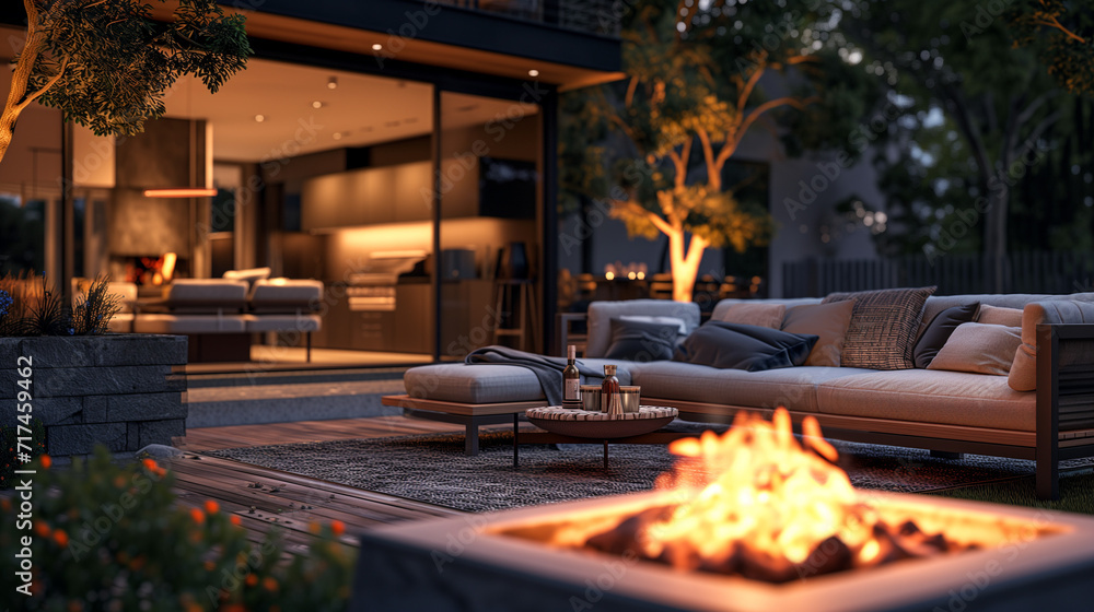 An atmospheric barbecue background with a cozy fire pit, glowing embers, and comfortable seating, creating an inviting outdoor space - obrazy, fototapety, plakaty 