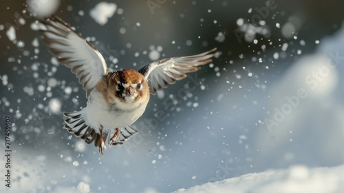 Closeup of a snow bunting caught in midair its eyes focused and determined as it navigates through the cold snowy environment.