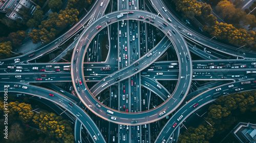 Aerial View of Busy Highway Intersection With Multiple Lanes