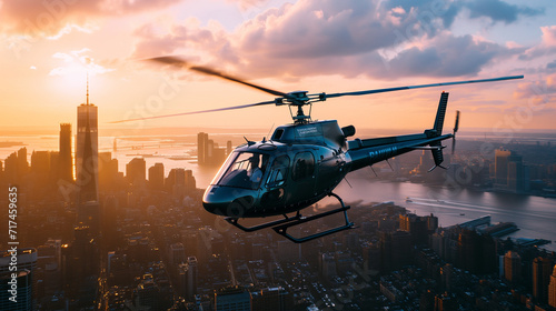 Aerial view of a helicopter in flight over a city skyline