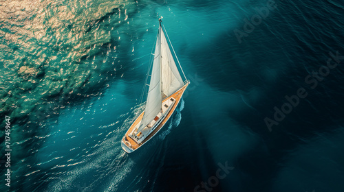 Top-down perspective of a sailboat navigating through body of water photo