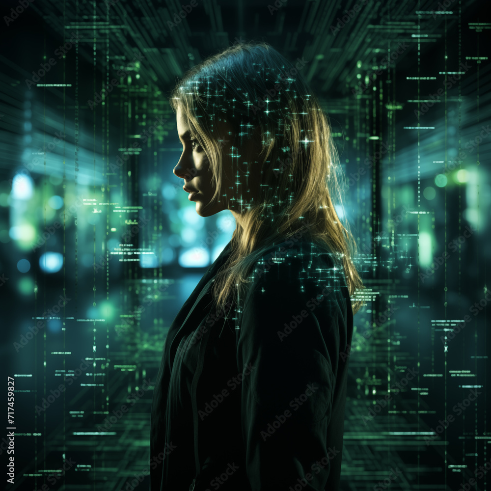 Profile of a thoughtful woman immersed in a glowing matrix of green binary code, symbolizing data analysis and cyber intelligence.
