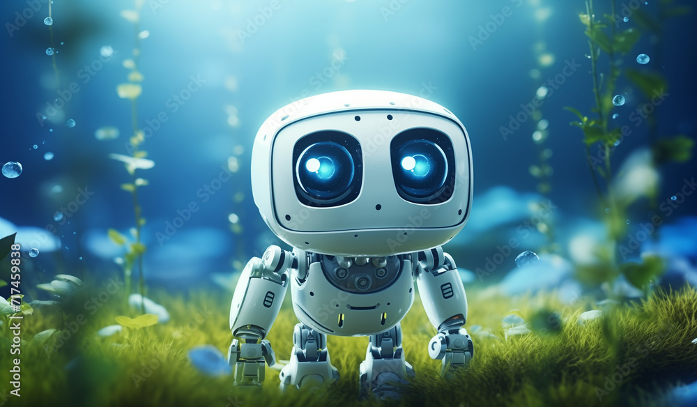 cute robot with eyes on a path surrounded by nature