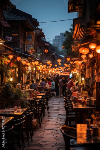 Lively night market featuring street food vendors and open-air cafes, Generative AI