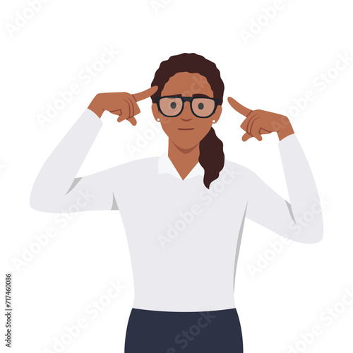 Young woman pointing her head think. Focused female ask to use brain and think and consider more. Flat vector illustration isolated on white background