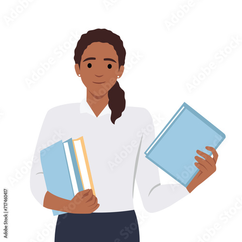 Young attractive in eyeglasses woman holding books. Flat vector illustration isolated on white background