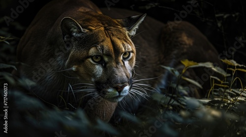 Closeup of a pumas tense and muscular body crouching low to the ground as it disappears into the shadows of the forest.