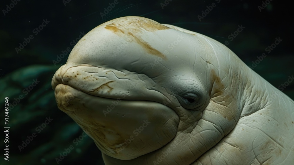 Fototapeta premium Closeup of the unique melonshaped head of a beluga whale covered in wrinkles and scars giving it a wise and weathered demeanor in the harsh environment.