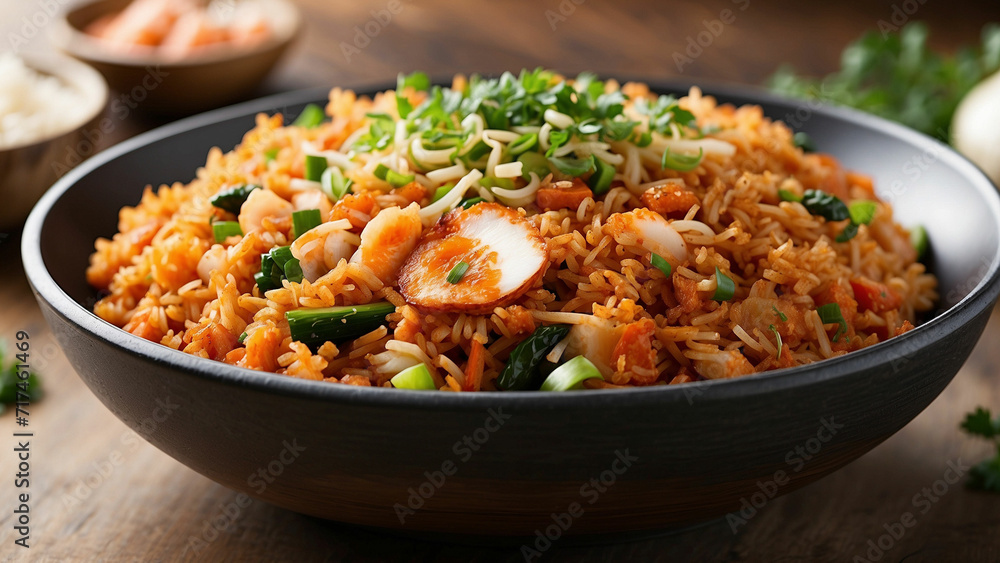 visual appeal of Kimchi fried rice the beauty of this classic Korean dish from a side angle, emphasizing the artful presentation on a wooden table visual appeal of Kimchi fried rice the beauty of this classic Korean dish from a side angle, emphasizing the artful presentation on a wooden table