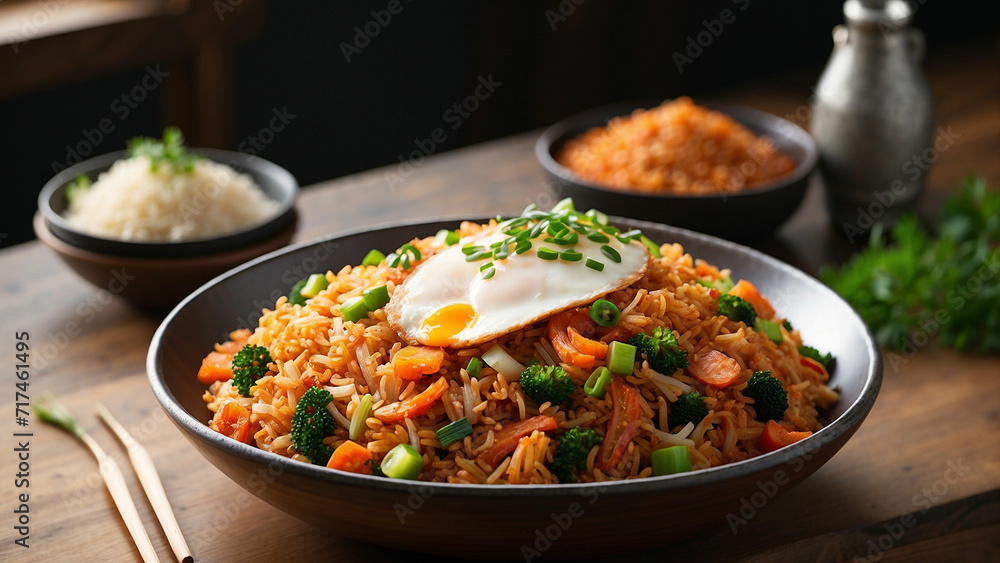 visual appeal of Kimchi fried rice the beauty of this classic Korean dish from a side angle, emphasizing the artful presentation on a wooden table