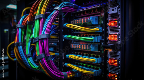 Vibrant network cables attached to switches in a data center rack