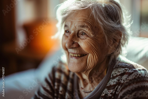 A portrait of a happy and smiling old, senior woman with alzheimers dementia in a nursing home with white hair.  photo