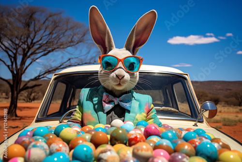 A cool and funky Easter bunny rabbit wearing shades, sunglasses, sunnies with lots of colourful Easter eggs sitting on a vintage car in the Australian outback. 