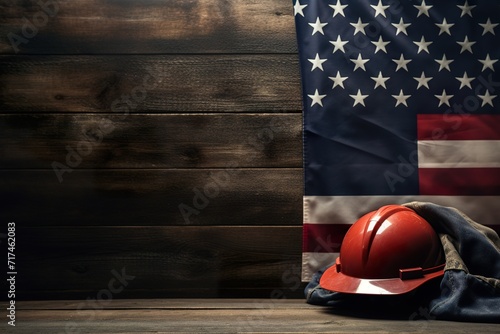American flags helmet and tools on wooden background. Labor Day background concept. © Juan Manuel Pichardo