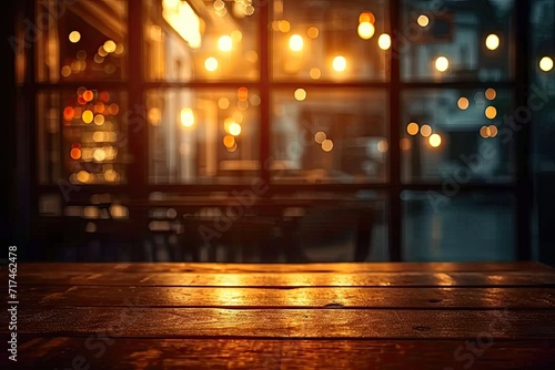 Cityscape blurred with bokeh lights empty wooden table stands surface canvas of abstract design and potential. night falls dark grainy wood becomes counterpoint to blurred background