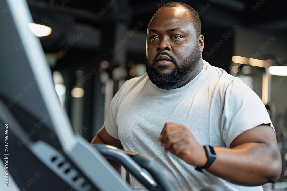 Plus Size African American man running on treadmill in gym Plus Size African American man running on treadmill in gym