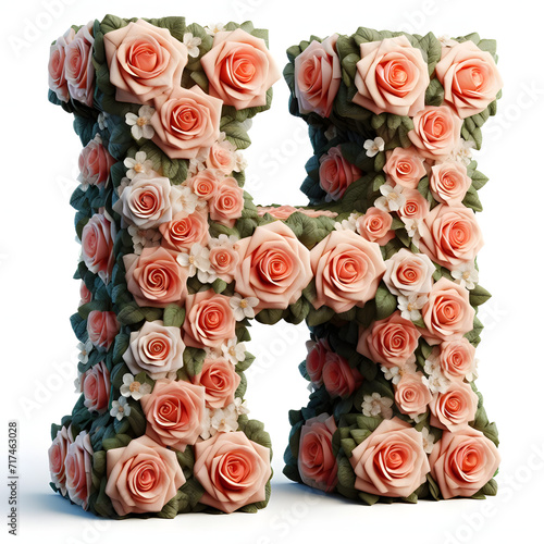 The letter H is made out of rose flowers, the Rose Alphabet, and Valentine Designs, on a White background, isolated on white, photorealistic	